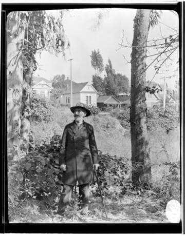 An older man standing amongst trees in front of a row of houses