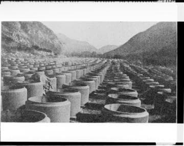 The storage yard for the cement pipe to make the waterway during the construction of Mill Creek #3 Hydro Plant