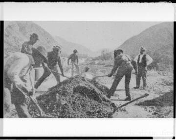 A construction crew making cement pipe for the waterway at Mill Creek #3 Hydro Plant