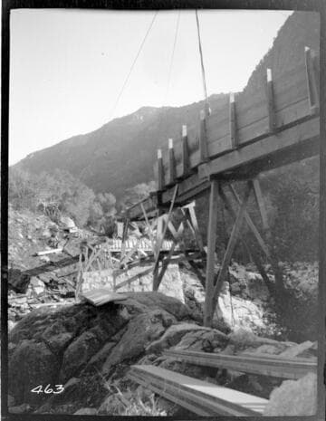 A close-up view of the erection of the trestle of the flume at Tule Plant