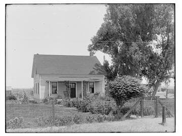 Farmhouse with fence and tree, Merced Falls, Merced County