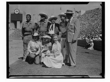 Jay Silverheels, Clayton Moore, Sheriff Biscailuz, Roy Rogers and Dale Evans at the Sheriff's Rodeo