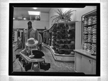 Interior view of men's store with merchandise, Corrine Griffith Shop, Beverly Hills