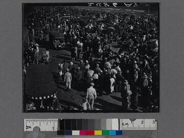 People and trolleys on the Ocean Front Walk, Venice Beach, California