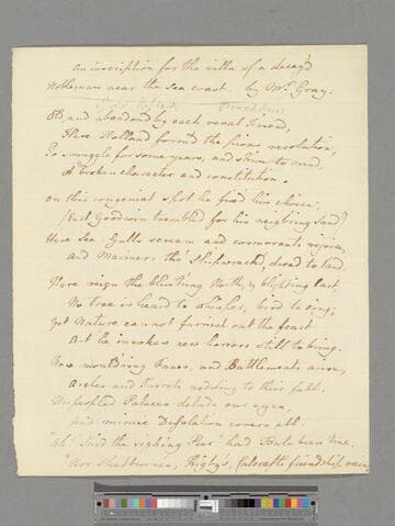 Gray, -----. An Inscription for the villa of a decay'd Nobleman near the Sea coast: [a poem in 6 stanzas of 4 lines each]