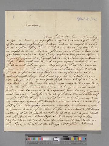 Potter, Robert. Letter to Elizabeth (Robinson) Montagu