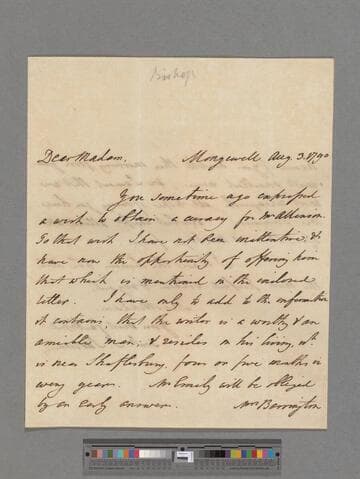 Barrington, Shute, Bishop of Durham. Letter to Elizabeth (Robinson) Montagu