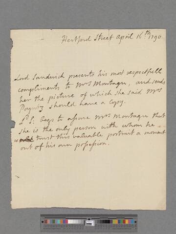 Montagu, John, 4th Earl of Sandwich. Letter to Elizabeth (Robinson) Montagu