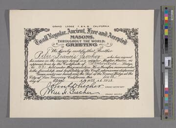 Certificate of membership, Benevolence Lodge, No. 631, Free and Accepted Masons, 6th of April, 1922