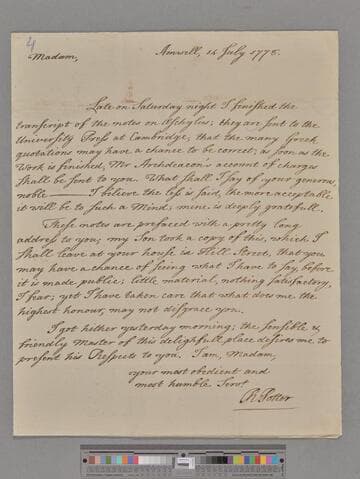Potter, Robert. Letter to Elizabeth (Robinson) Montagu