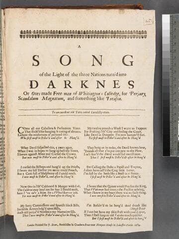 A song of the light of the three nations turn'd into darknes or Otes made free-man of Whitington's Colledge, for perjury, scandalum magnatum, and something like treason