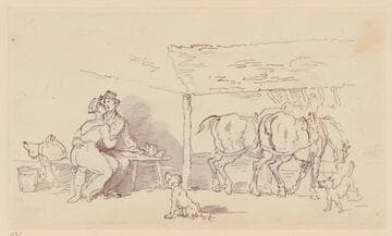 Stable Scene with Embracing Couple, Two Horses, and Two Dogs