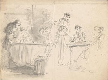 Man Pouring from a Kettle into Container Before Seated Woman