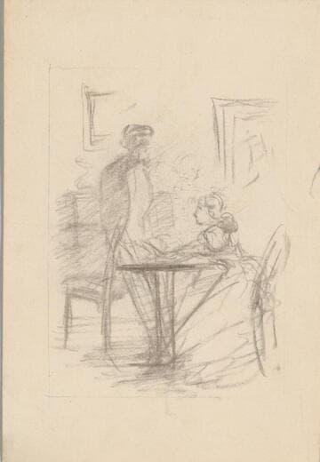 Man and Woman Talking, Woman Seated at Table