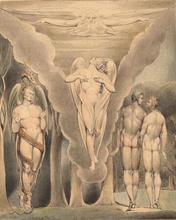 Illustration 4 to Milton's "Paradise Lost": Satan Spying on Adam and Eve and Raphael's Descent into Paradise