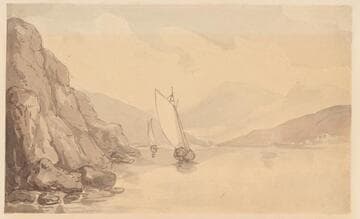 Two Sailboats on a Lake, Rocky Bank to Left