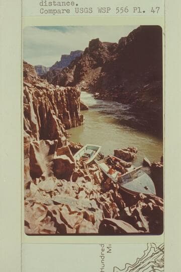 Bill Belknap's Turbocraft and SmithCraft at upper end of Lake Mead.  The flow in the river has been cut to about 1,000 cfs.  About Mile 236 with Gneiss Canyon Rapid in the distance