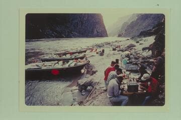 Camp at the foot of Travertine Canyon Rapid;  Buzz Belknap, Bechtel, Valentine, Komie, Jordan, Littleton and Borland