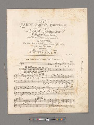 Paddy Carey's fortune or Irish promotion : a favorite comic song / sung with the most unbounded applause by Mr. Webb  at the Theatre Royale Covent Garden ; written by Mr. Cherry ; composed by J. Whitaker