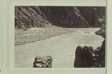Georgie White's three 10-man neoprenes in the riffle by the island at the lower end of Monument Creek Rapid