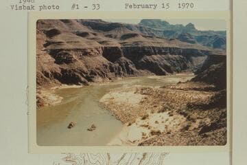 Down river from slope between Trail Canyon and 220 Mile Canyon.  The island at right center where the "Esmeralda" struck in 1948