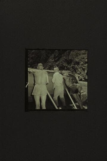 Repairing the CACTUS at the foot of Tuna Creek Rapid.  Taylor, Desloge, Belknap and Cutler lifting the boat higher as it sinks into the quicksand