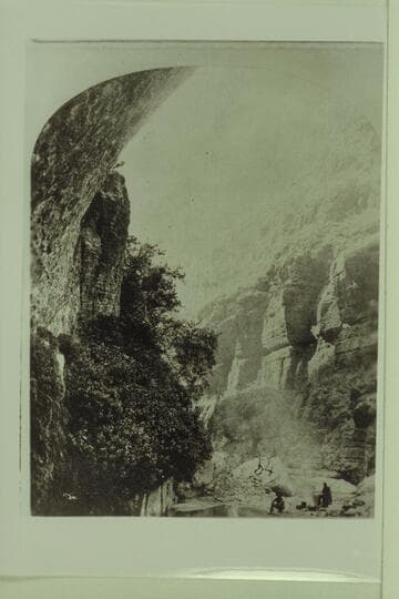 [print from half a stereo] The Canon of  Kanab Creek.  Near its junction with the Grand Canon of the Colorado.  In the foreground is a dripping spring affording a shower bath.  Temperature 69 degrees F.  Geo. M. Wheeler Expedition