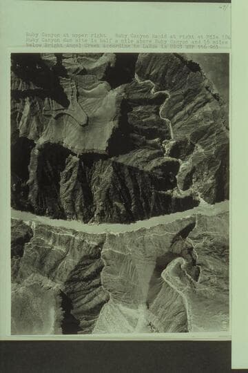 Ruby Canyon at upper right.  Ruby Canyon Rapid at right at Mile 104.8.  Ruby Canyon dam site is half a mile above Ruby Canyon and 16 miles below Bright Angel Creek according to LaRue