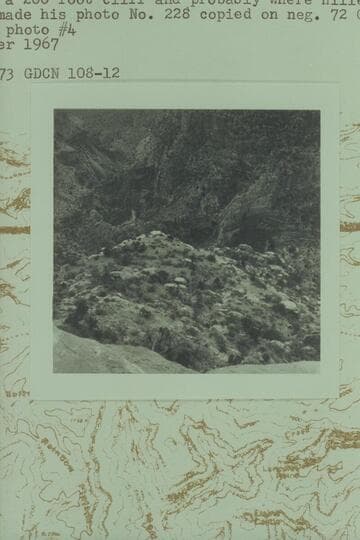 Bass Trail from the North Rim about halfway down Redwall; from northeast at edge of Esplanade.  Terrace in foreground is below a 200-foot cliff and probably where Hillers stood when he made his photo No.224(729999GDCN228.12)