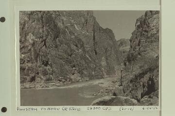 Downstream to Horn Creek Rapid.  Approximate gauge:  28,000 cfs