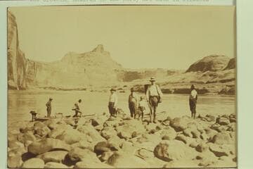The party organized by LaRue to look for dam sites in Glen Canyon as they landed at the mouth of the side canyon at Mile 71.3