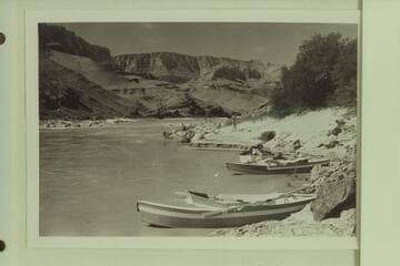 Downstream from Tanner Mine.  Desert View on horizon.  The two Reilly glass boats in the foreground and Fulmer's plywood "Gem" beyond