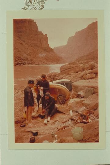 Washing dishes in the sink at Waterhole Canyon on the small beach above the entrance:  Dock Marston, Buzz Belknap and Jorgen Visbak
