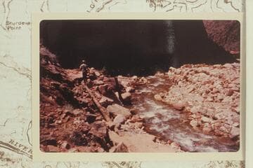 Wreckage of trail and pipeline in Bright Angel Creek from flood of 1966, Dec. 06