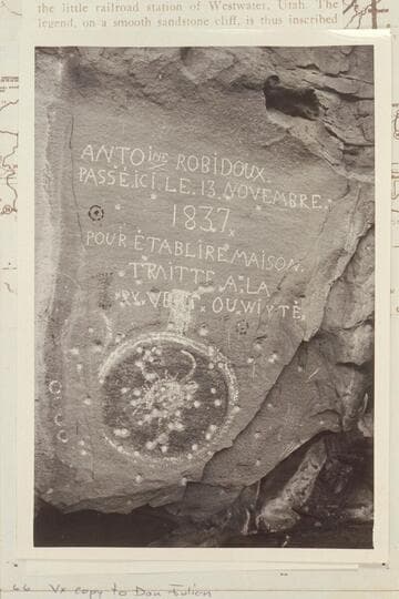 Robidoux inscription.  About 30 road miles northeast of Cisco, Utah.  On the west wll of a shallow canyon called East Canyon which drains the Book Cliffs