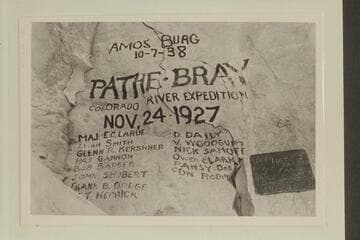 Names on left wall of Cataract Canyon: Pathe-Bray party 1927; Swain-Hatch, 1933; Holmstrom-Burg-Johnson, 1938