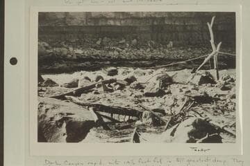 The salvage operations at Dark Canyon.  Tasker sits near the A frame.  Lint photo copied from his album.  LaRue album No. 168