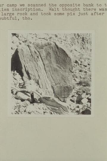 Boulder on right bank at Mile 211.6 at Rapid #3 which might carry the D. Julien inscription