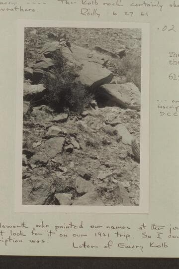 The boulder which bears the Kolb inscription.  "On a fallen boulder, an inscription reading "A 81 + 50, sta. D.C.C. ' P. R. R."  Kolb book, p. 126