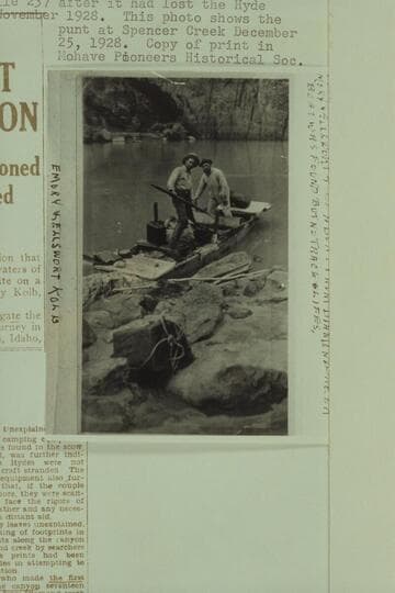 The Kolb Bros. in the punt which brought them and James Brooks from Diamond Creek to Spencer Creek to recover the personal items found in the sweep-scow at Mile 237 after it had lost the Hyde couple at 232 Mile Rapid