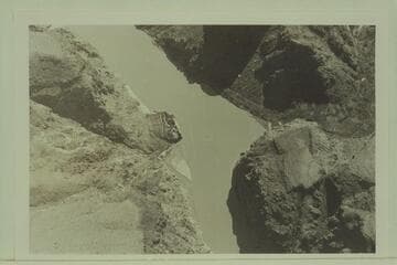 Mouth of Spencer Canyon.  Lower center is the lava block which gave the name to the former rapid- Bold Escarpment Rapid and Lava Cliff Rapid