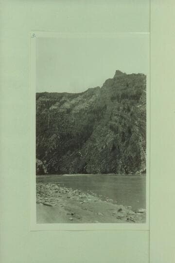 Looking upstream into the mouth of Whirlpool Canyon from Island Park.  The USGS party left Bishop's Crek 1922, Aug. 09, where they camped just out of the mouth of Whirlpool Canyon on the right bank