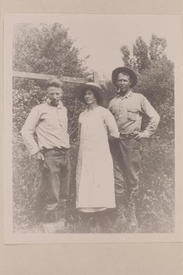 Fawn Chaffin, Mrs. Lou Chaffin, Lou Chaffin.  Green River, Utah.  Lou and Fawn (his son eldest) Chaffin were the packers for Prom and Crumm on Roost side of Rivers. (Hazel Ekker letter 1966, Apr. 23)
