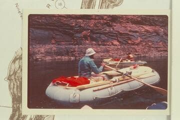 Inflated units used by Ed Herrman, Howard Booth, and Jorgen Visbak to transit the Grand Canyon April-May, 1974. Visbak places this at Mile 15 but is undertain. It appears more like the left wall at Houserock Rapid