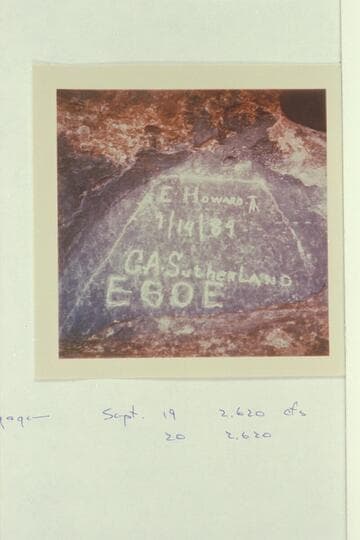 Inscription of the Bush instrument party of the Brown-Stanton Survey at mouth of Mystery Canyon