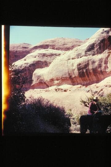 Trail on ledge in Bridge Canyon frequently pictured to illustrate the danger of the trail to the Bridge