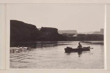 Sarah Fraser swimming at El Vado--Loper in the boat.  Copy of print in album of Sarah Fraser Robbins