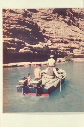 The "Rattlesnake" cruising into the lagoon at the "Little Colorado."  Cutler; Rod Sanderson; Joe Desloge