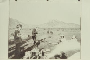 Camp above Henry's Fork, Green River.  Pictured are:  Rosalind Johnson, Joan Nevills, Frost, Loel Marston and Shirley Marston