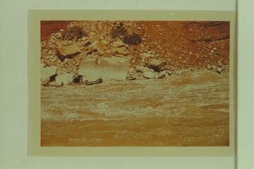 No. 1 pontoon of the Don Hatch party in Soap Creek Rapid.  Mary Dorsey riding as passenger.  Bruce and Clarke Lium as boatmen